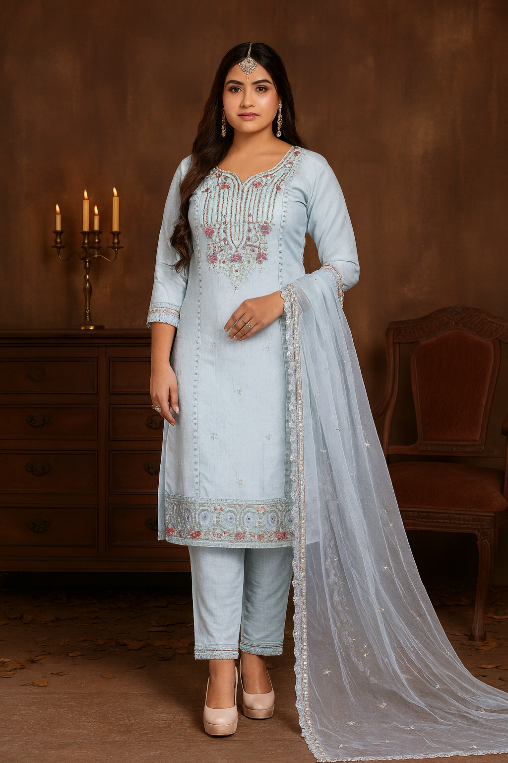 Elegant Sky Blue Embroidered Suit with Soft Lining by ClassiCove™