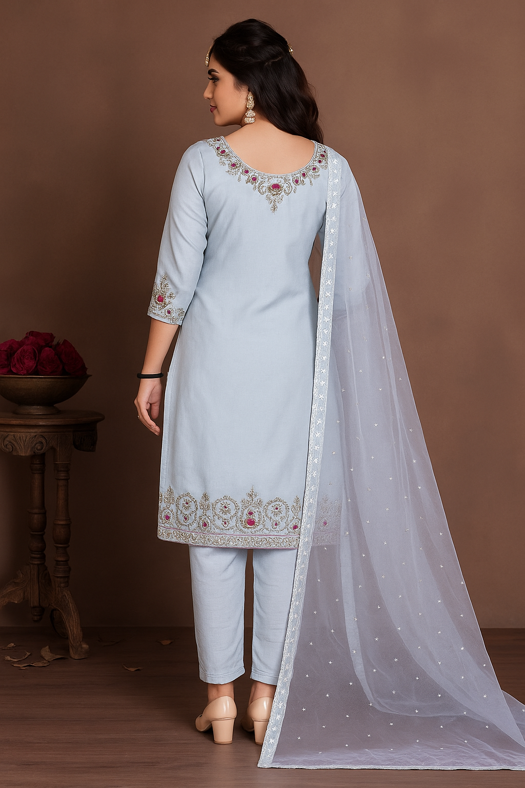 Elegant Sky Blue Embroidered Suit with Soft Lining by ClassiCove™