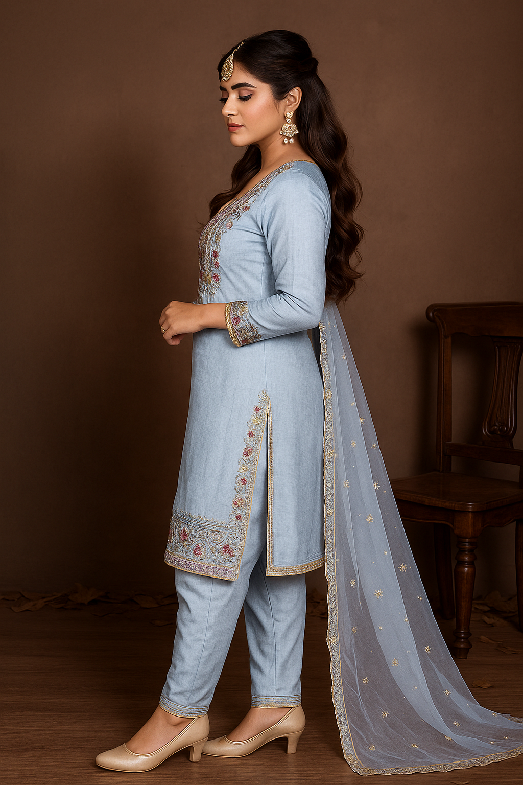 Elegant Sky Blue Embroidered Suit with Soft Lining by ClassiCove™