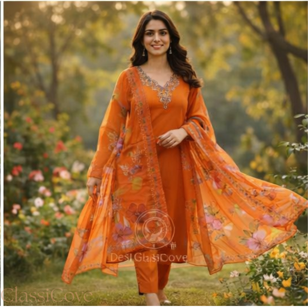 Classicove Tangerine Orange Cotton Straight Suit with Hand-Embroidered V-Neck & Floral Malcotton Dupatta Desi Hands