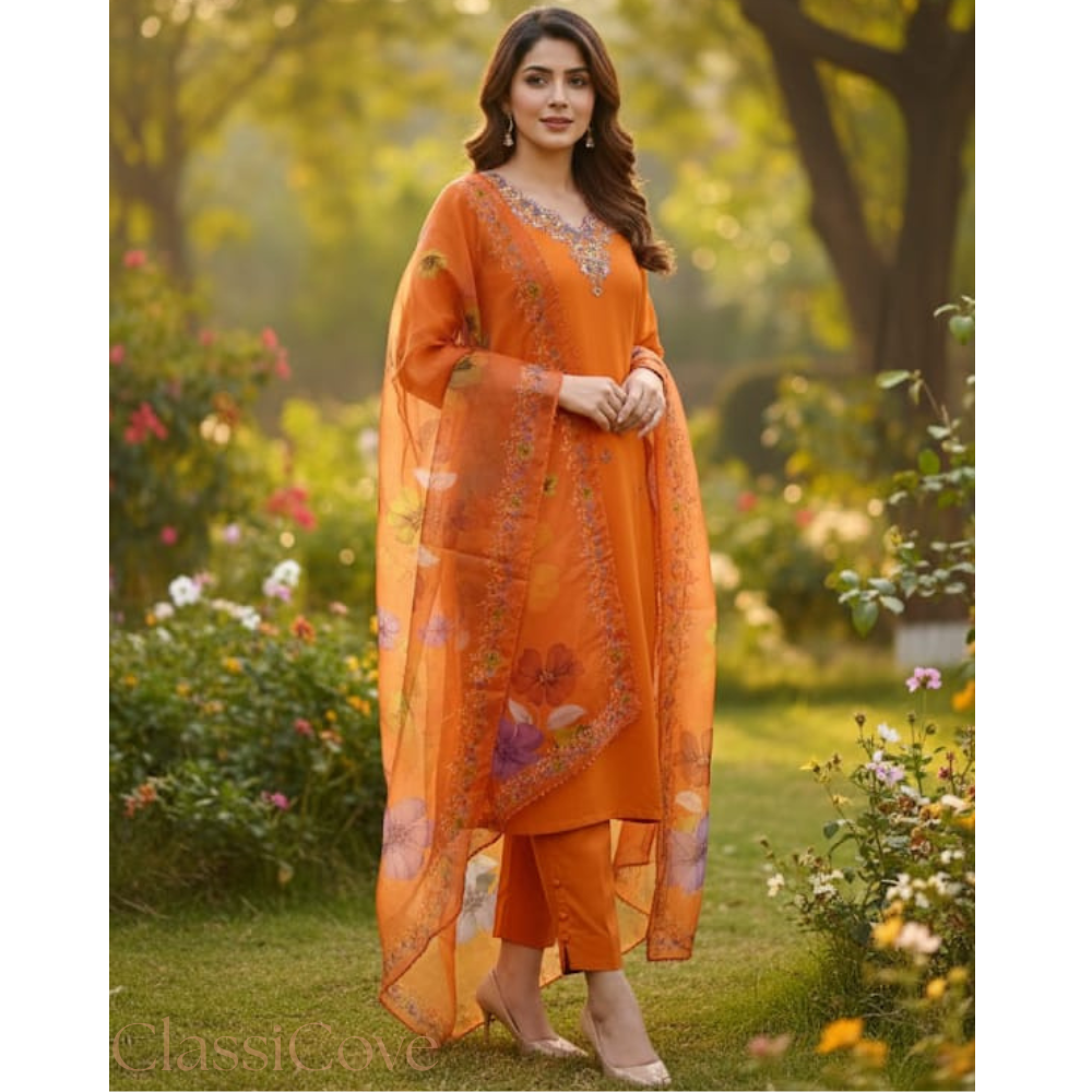 Classicove Tangerine Orange Cotton Straight Suit with Hand-Embroidered V-Neck & Floral Malcotton Dupatta Desi Hands