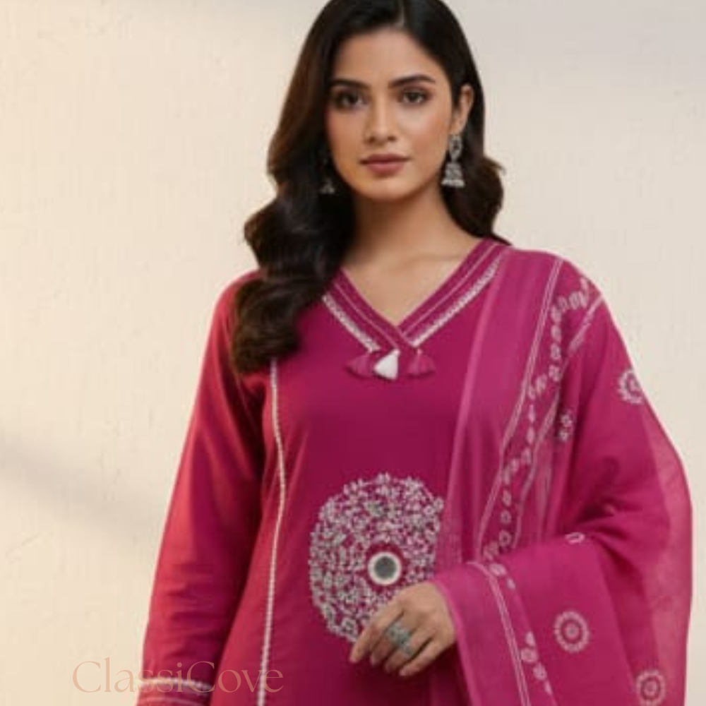 ClassiCove Pink Cotton Mirror Work Block Print Kurta Pant Dupatta Set Desi Hands