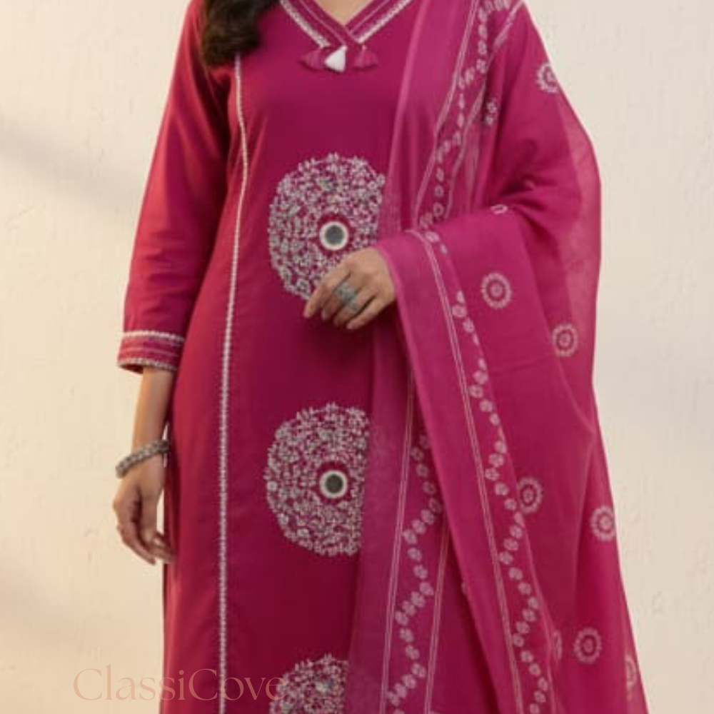ClassiCove Pink Cotton Mirror Work Block Print Kurta Pant Dupatta Set Desi Hands