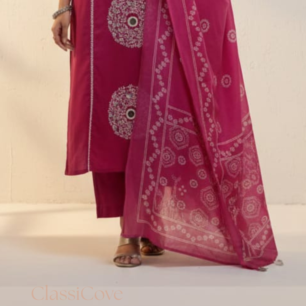 ClassiCove Pink Cotton Mirror Work Block Print Kurta Pant Dupatta Set Desi Hands