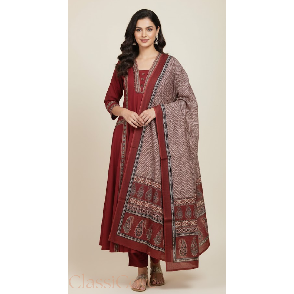 ClassiCove™ | Maroon A-Line Embroidered Punjabi Suit with Pockets Desi Hands