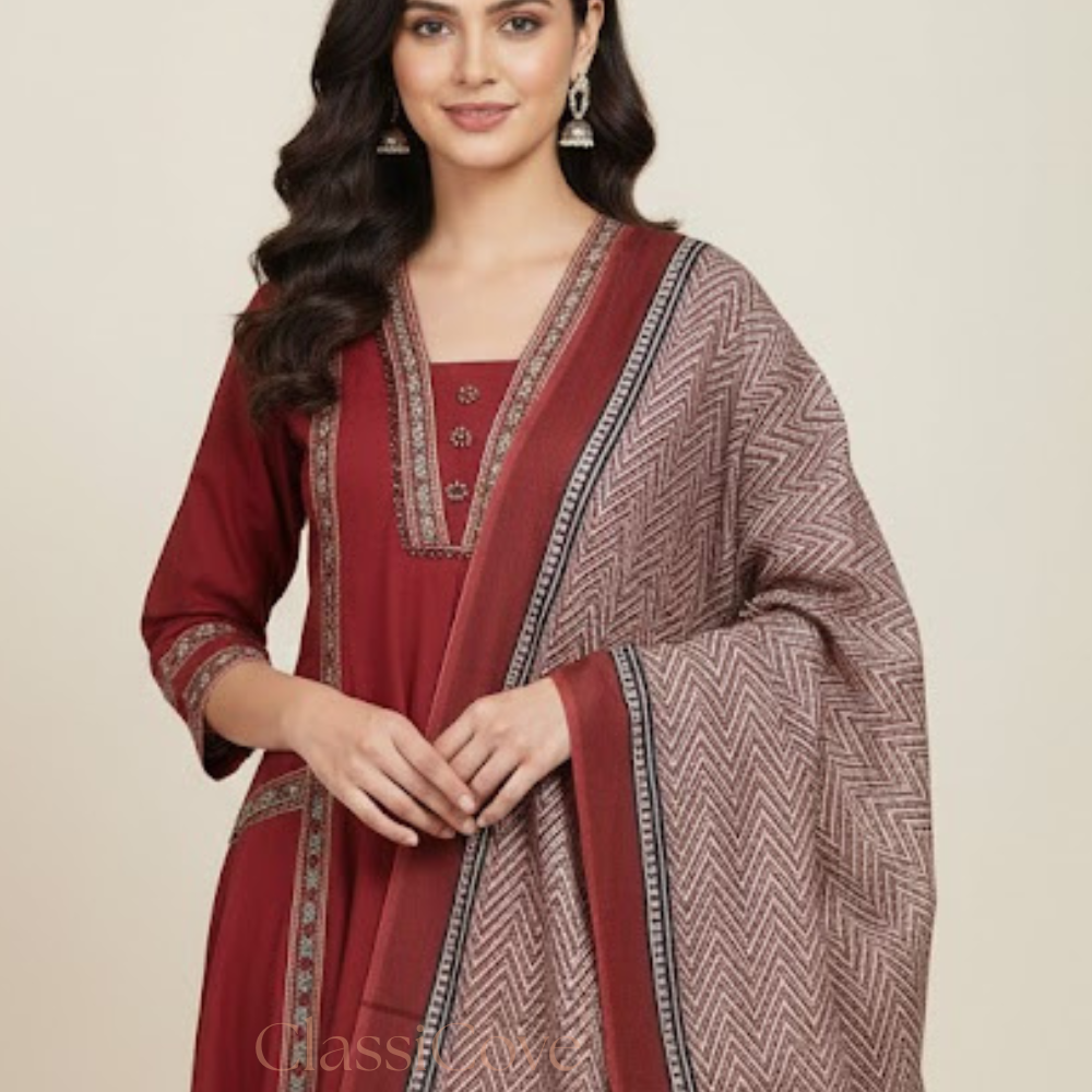 ClassiCove™ | Maroon A-Line Embroidered Punjabi Suit with Pockets Desi Hands