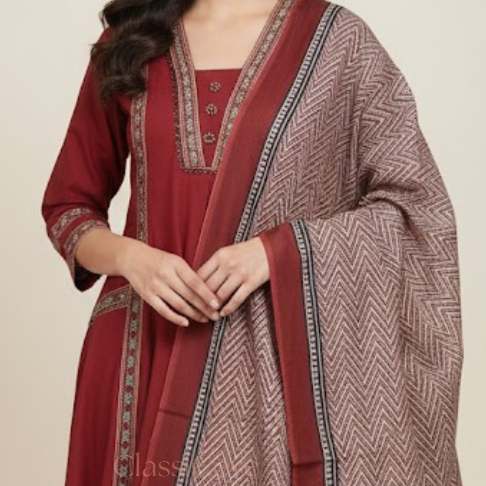 ClassiCove™ | Maroon A-Line Embroidered Punjabi Suit with Pockets Desi Hands