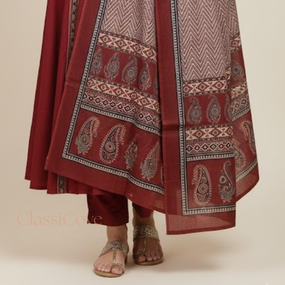 ClassiCove™ | Maroon A-Line Embroidered Punjabi Suit with Pockets Desi Hands