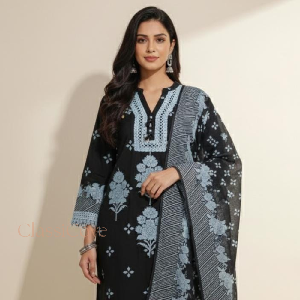Classicove Midnight Black Cotton Suit with Blue Lace, Shell Work & Block Printed Farshi Salwar Desi Hands