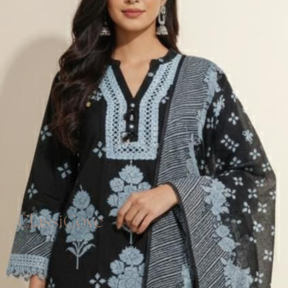 Classicove Midnight Black Cotton Suit with Blue Lace, Shell Work & Block Printed Farshi Salwar Desi Hands