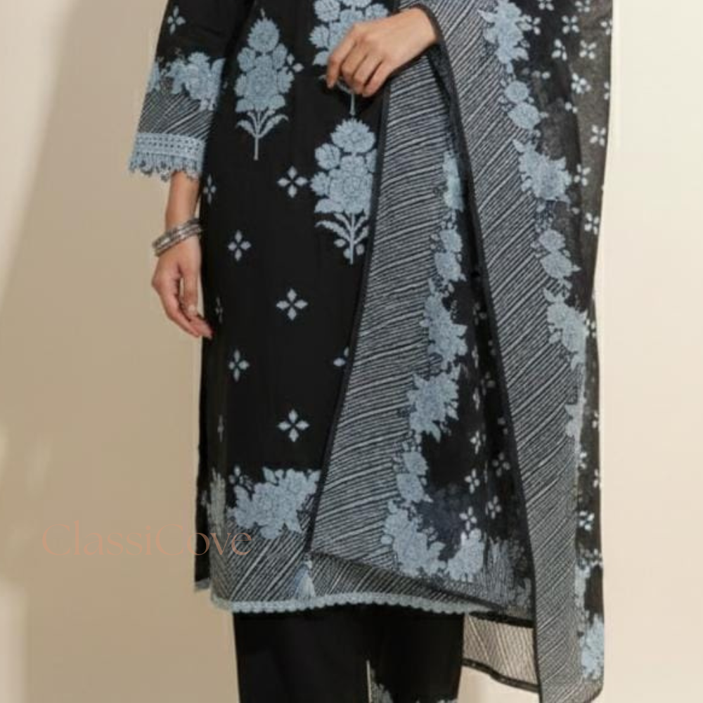 Classicove Midnight Black Cotton Suit with Blue Lace, Shell Work & Block Printed Farshi Salwar Desi Hands