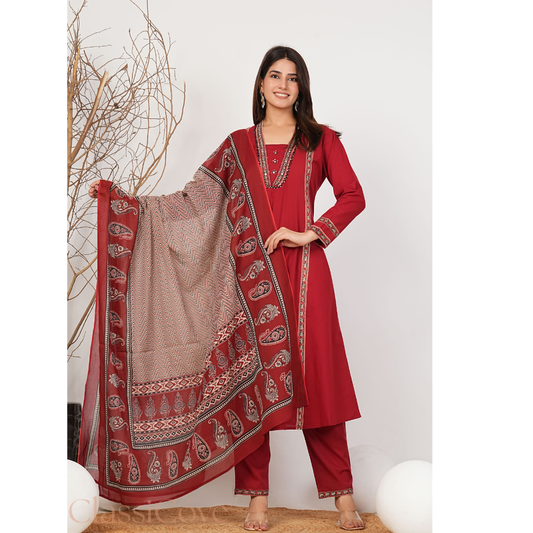 ClassiCove™ | Maroon A-Line Embroidered Punjabi Suit with Pockets Desi Hands