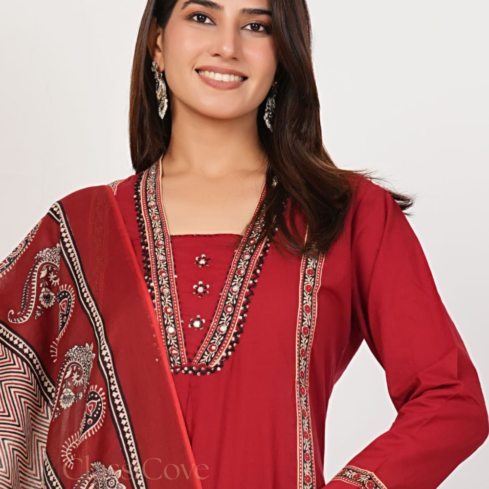 ClassiCove™ | Maroon A-Line Embroidered Punjabi Suit with Pockets Desi Hands