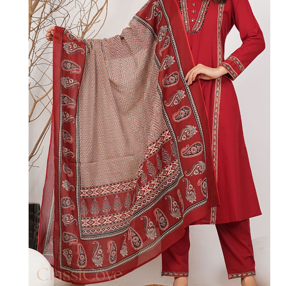 ClassiCove™ | Maroon A-Line Embroidered Punjabi Suit with Pockets Desi Hands
