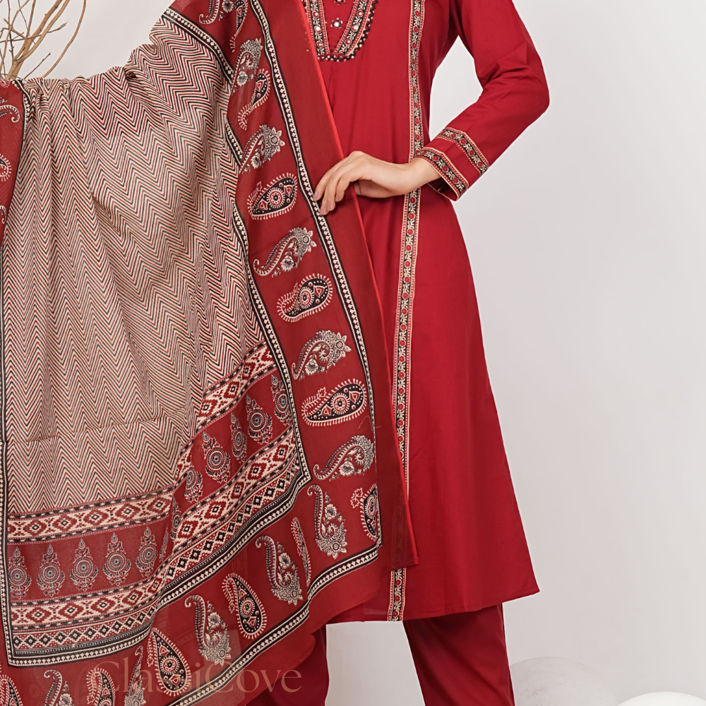 ClassiCove™ | Maroon A-Line Embroidered Punjabi Suit with Pockets Desi Hands