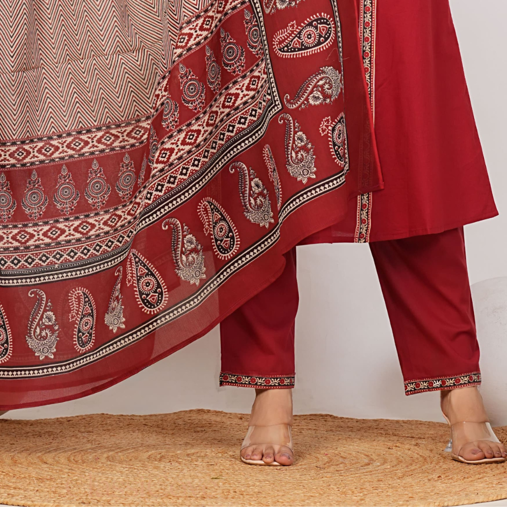 ClassiCove™ | Maroon A-Line Embroidered Punjabi Suit with Pockets Desi Hands