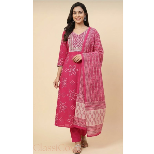 Classicove Rani Pink Bandhani Cotton Anarkali Suit with Malcotton Dupatta & Pant-Style Bottom Desi Hands