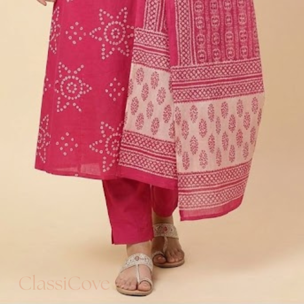 Classicove Rani Pink Bandhani Cotton Anarkali Suit with Malcotton Dupatta & Pant-Style Bottom Desi Hands