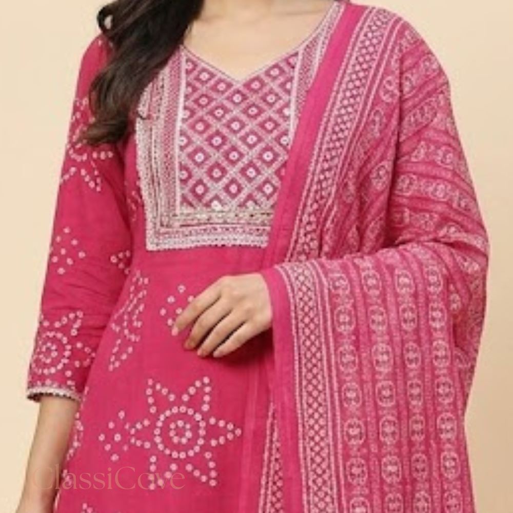 Classicove Rani Pink Bandhani Cotton Anarkali Suit with Malcotton Dupatta & Pant-Style Bottom Desi Hands