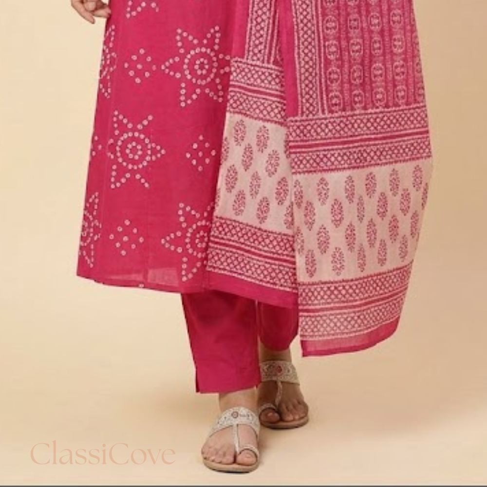 Classicove Rani Pink Bandhani Cotton Anarkali Suit with Malcotton Dupatta & Pant-Style Bottom Desi Hands