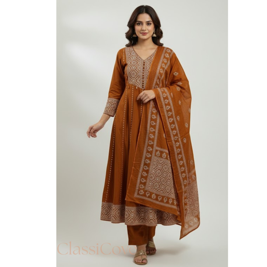 Classicove Earthy Brown Cotton Flared Anarkali Suit with Bandhani Print & Handwork Desi Hands