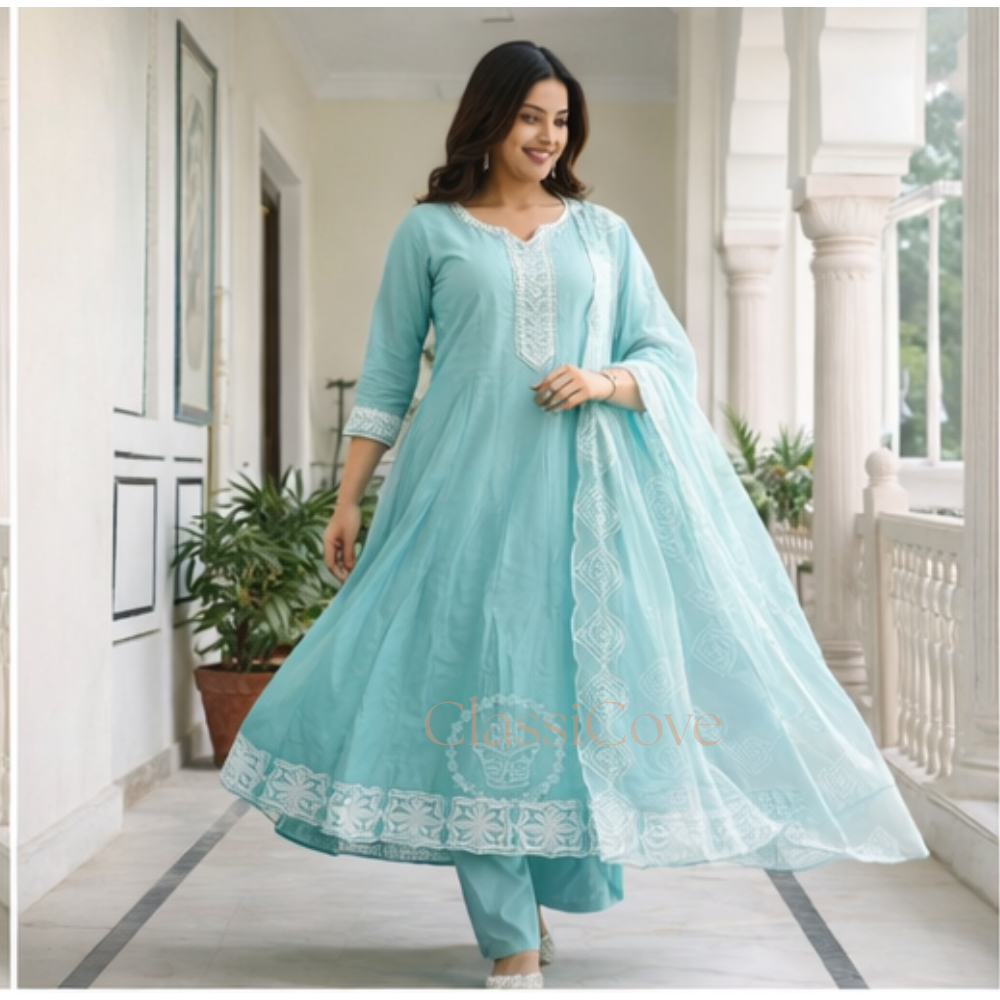 ClassiCove Women Seafoam Green Resham Work Anarkali Kurta with Trousers & Cut-Work Organza Dupatta Desi Hands