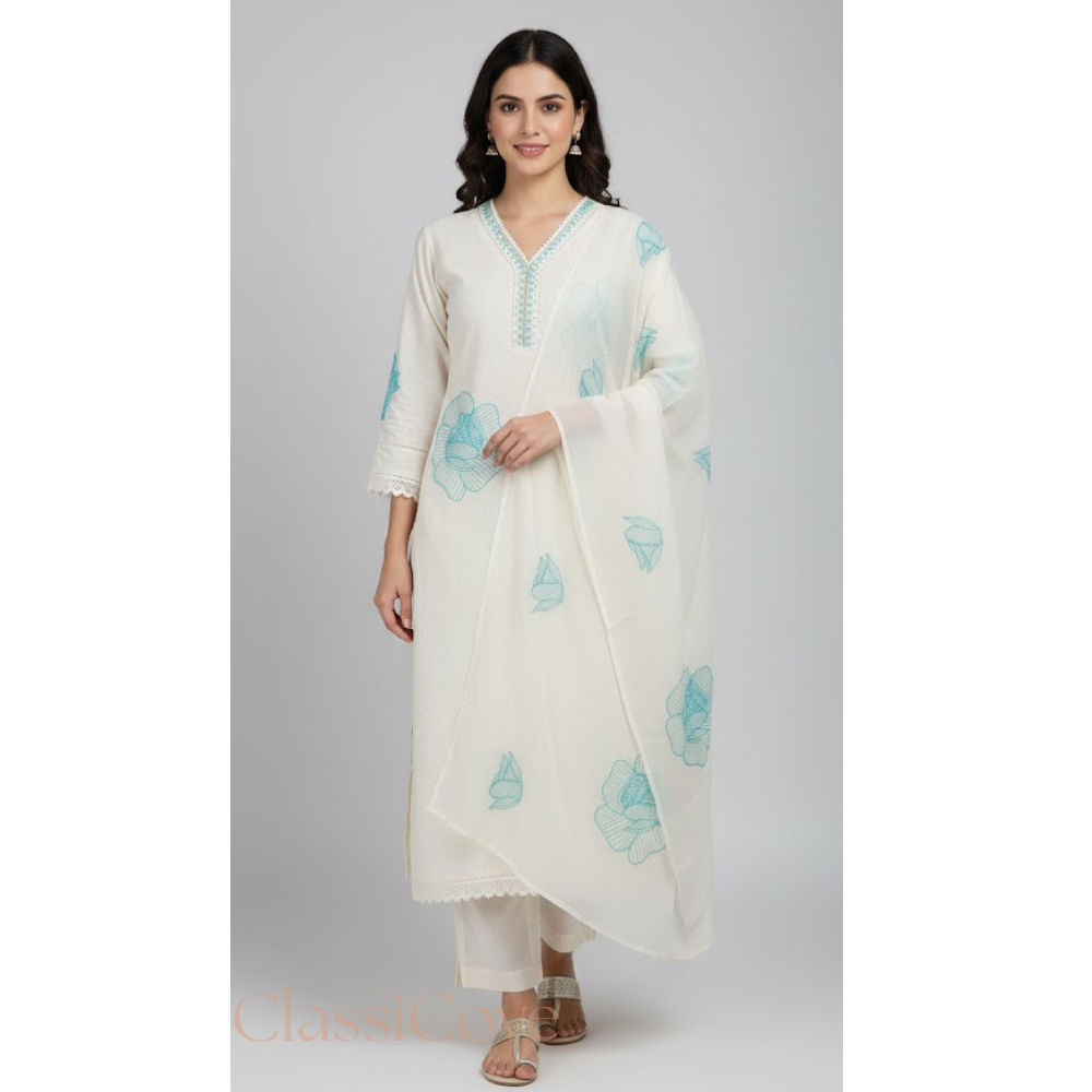 Classicove Ivory White A-Line Cotton Suit with Sky Blue Lace Work & Hand-Embroidered V-Neck Desi Hands