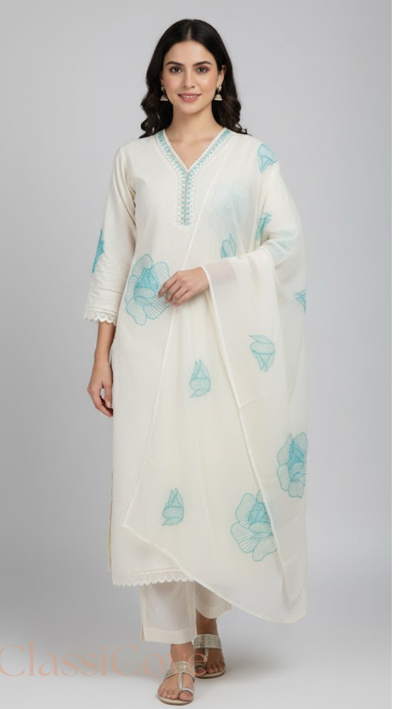 Classicove Ivory White A-Line Cotton Suit with Sky Blue Lace Work & Hand-Embroidered V-Neck Desi Hands