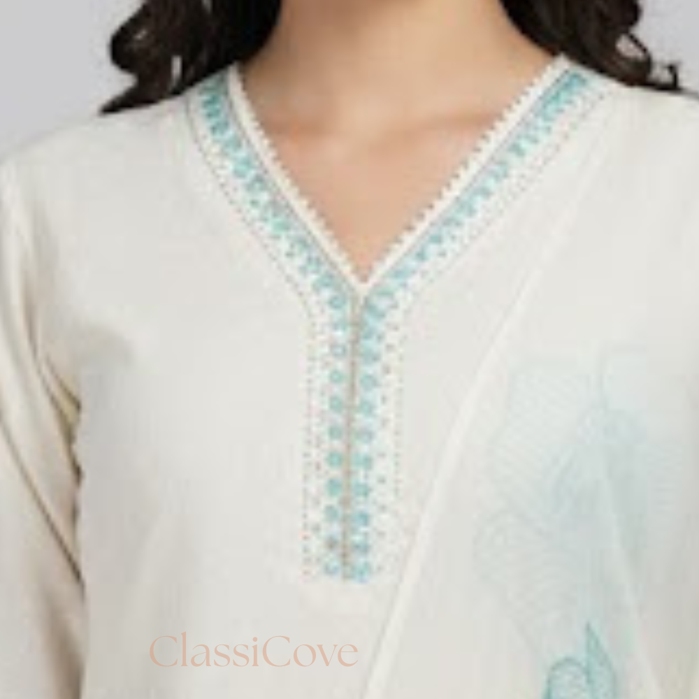 Classicove Ivory White A-Line Cotton Suit with Sky Blue Lace Work & Hand-Embroidered V-Neck Desi Hands