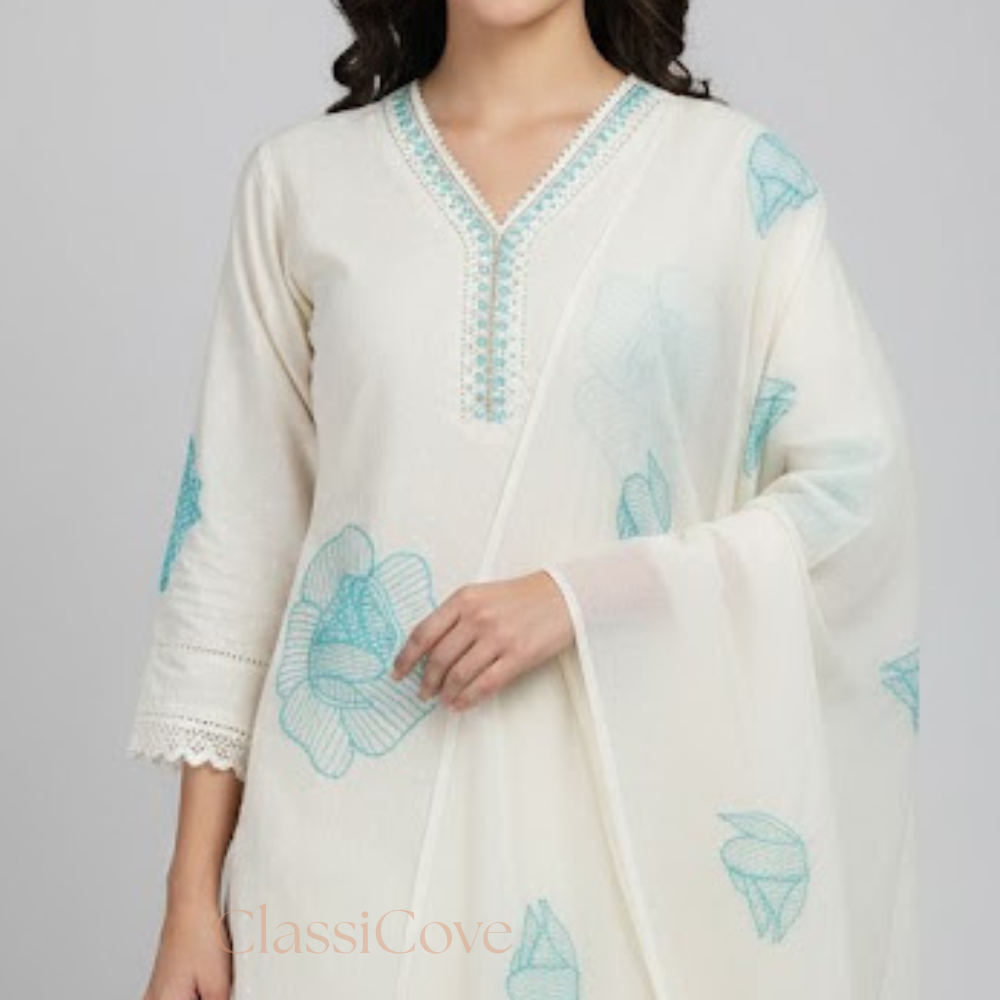 Classicove Ivory White A-Line Cotton Suit with Sky Blue Lace Work & Hand-Embroidered V-Neck Desi Hands