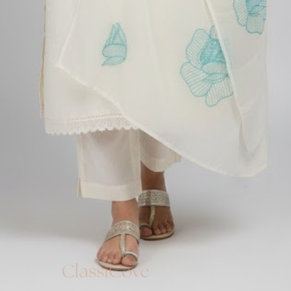 Classicove Ivory White A-Line Cotton Suit with Sky Blue Lace Work & Hand-Embroidered V-Neck Desi Hands