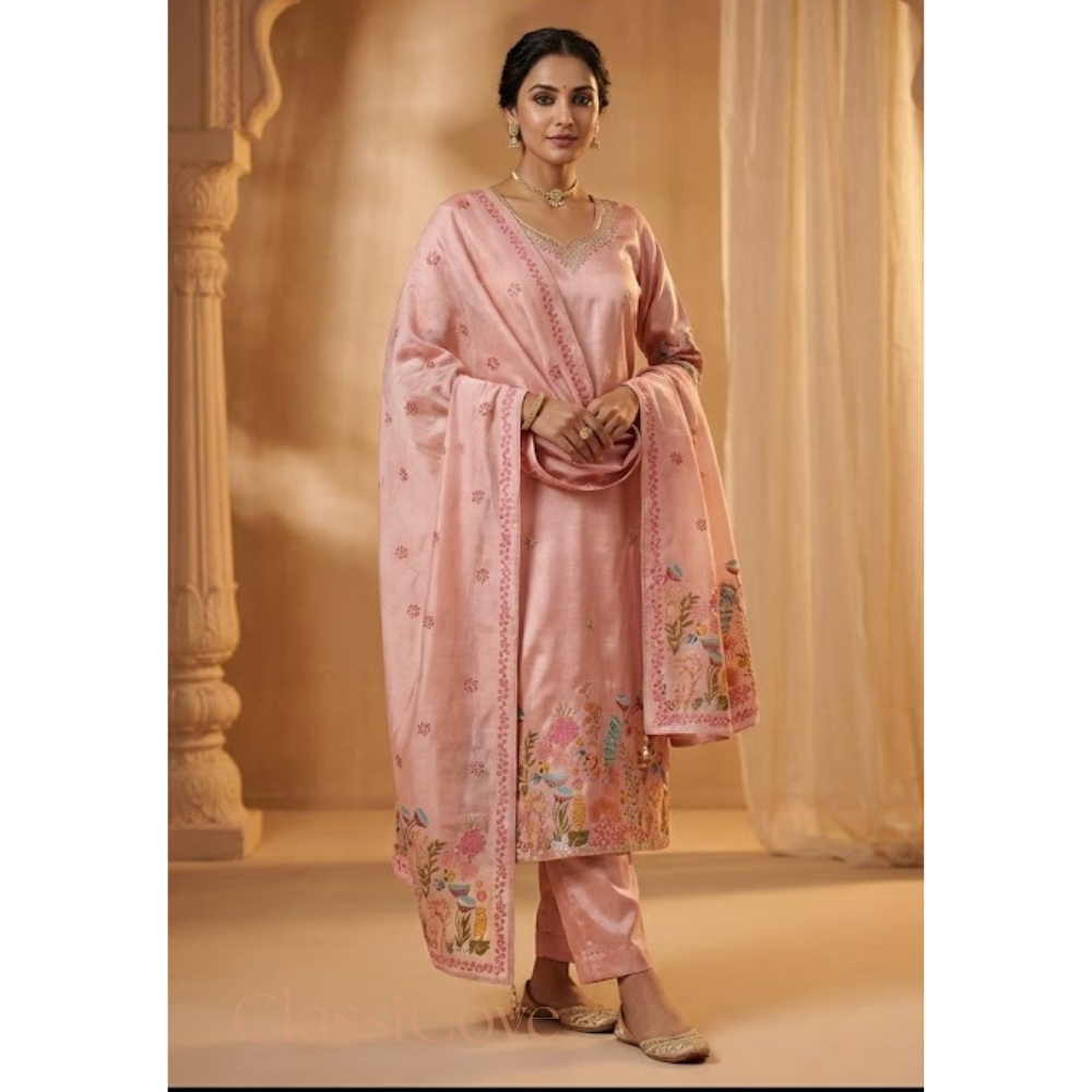 Classicove Blush Pink Premium Silk Suit with Hand-Embroidered Floral Borders & Silk Dupatta Desi Hands