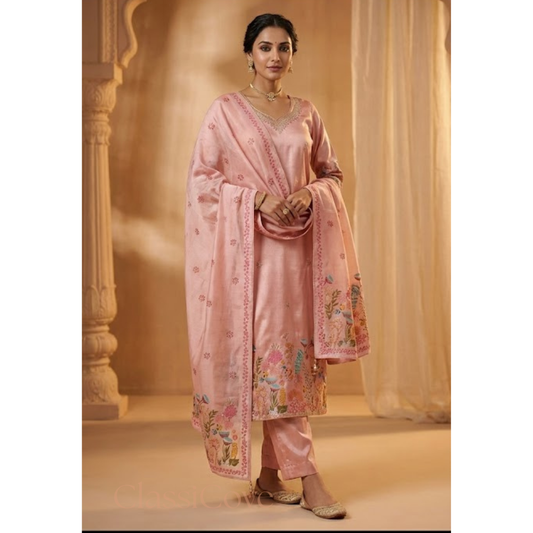Classicove Blush Pink Premium Silk Suit with Hand-Embroidered Floral Borders & Silk Dupatta Desi Hands