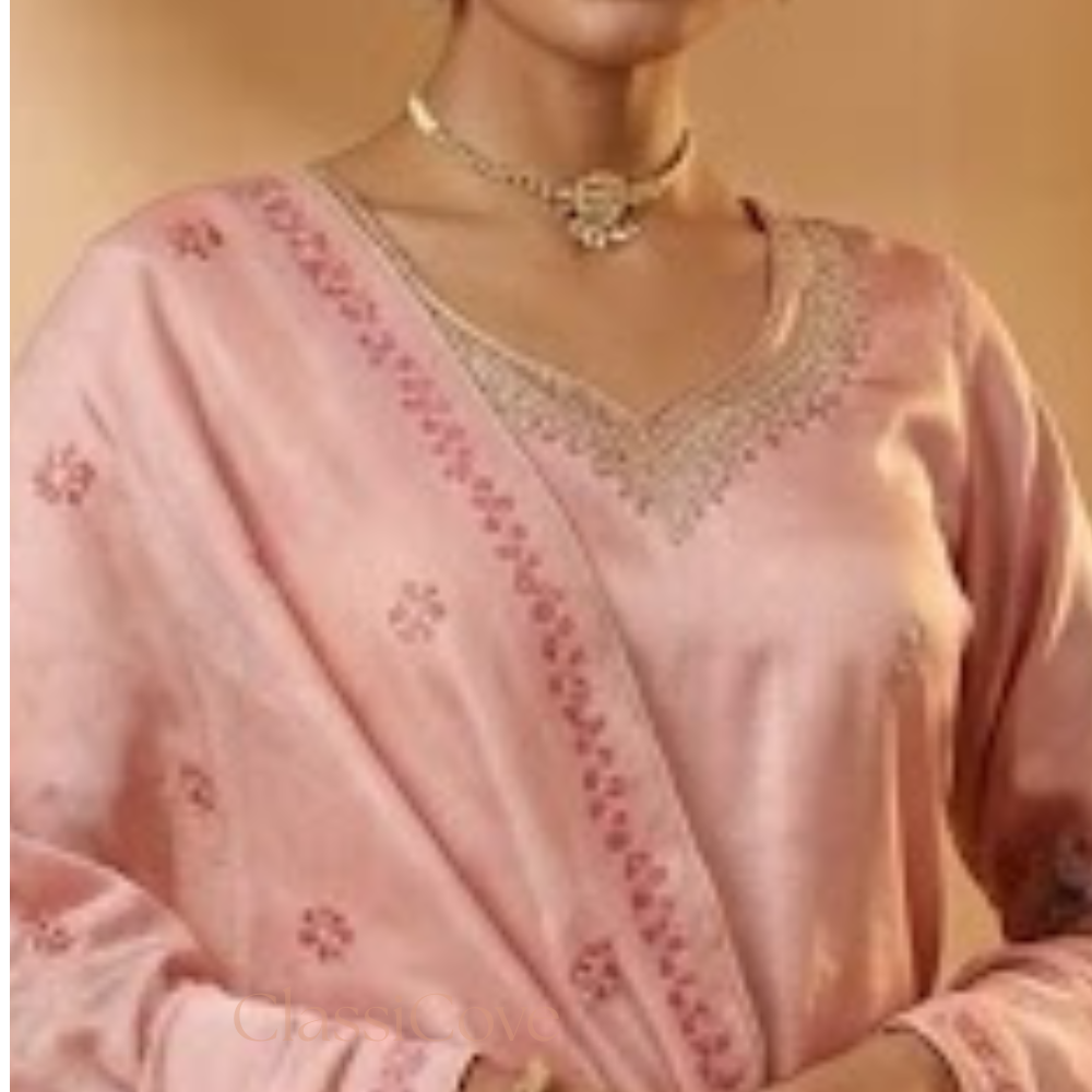 Classicove Blush Pink Premium Silk Suit with Hand-Embroidered Floral Borders & Silk Dupatta Desi Hands