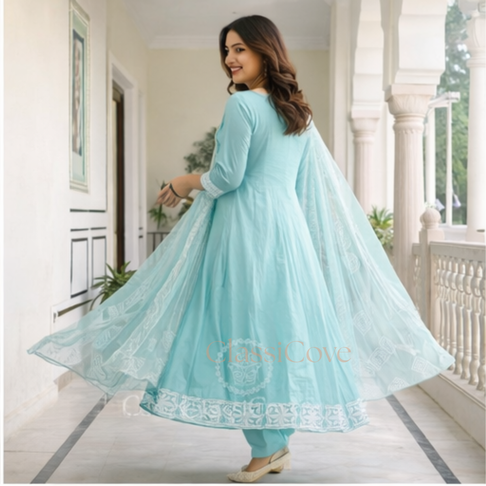 ClassiCove Women Seafoam Green Resham Work Anarkali Kurta with Trousers & Cut-Work Organza Dupatta Desi Hands