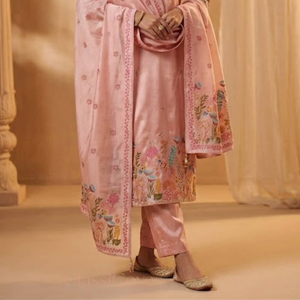 Classicove Blush Pink Premium Silk Suit with Hand-Embroidered Floral Borders & Silk Dupatta Desi Hands