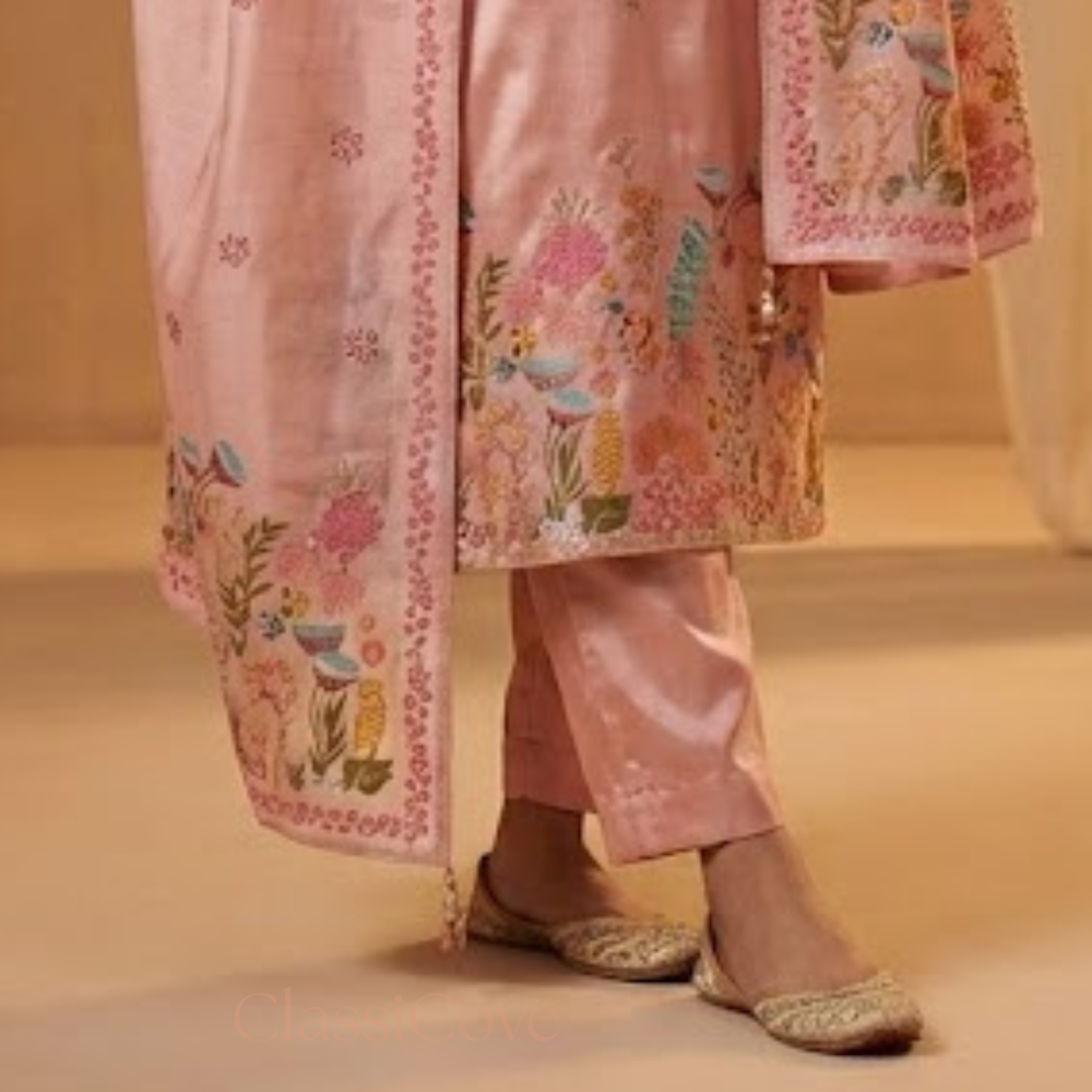 Classicove Blush Pink Premium Silk Suit with Hand-Embroidered Floral Borders & Silk Dupatta Desi Hands