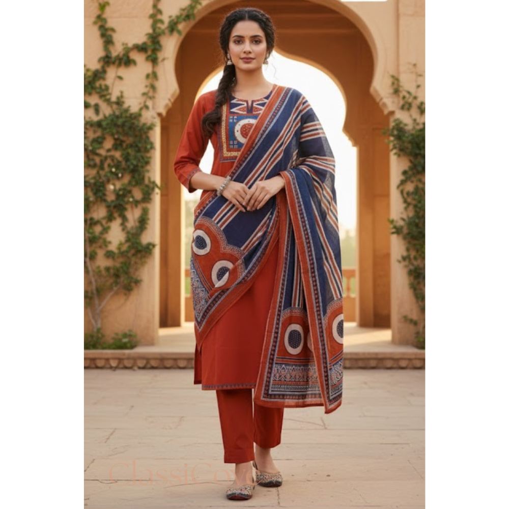 Classicove Rust Orange Cotton Straight Suit with Intricate Handwork & Block Printed Malcotton Dupatta Desi Hands