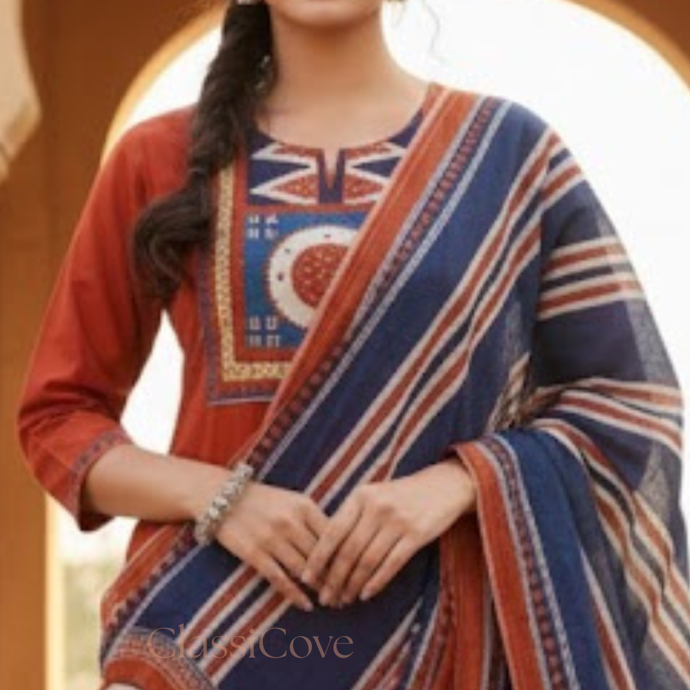 Classicove Rust Orange Cotton Straight Suit with Intricate Handwork & Block Printed Malcotton Dupatta Desi Hands
