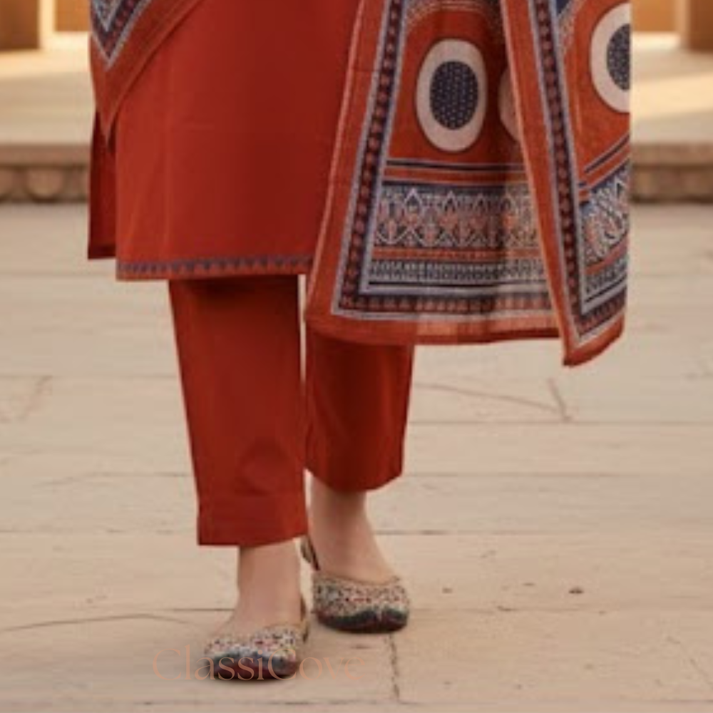 Classicove Rust Orange Cotton Straight Suit with Intricate Handwork & Block Printed Malcotton Dupatta Desi Hands