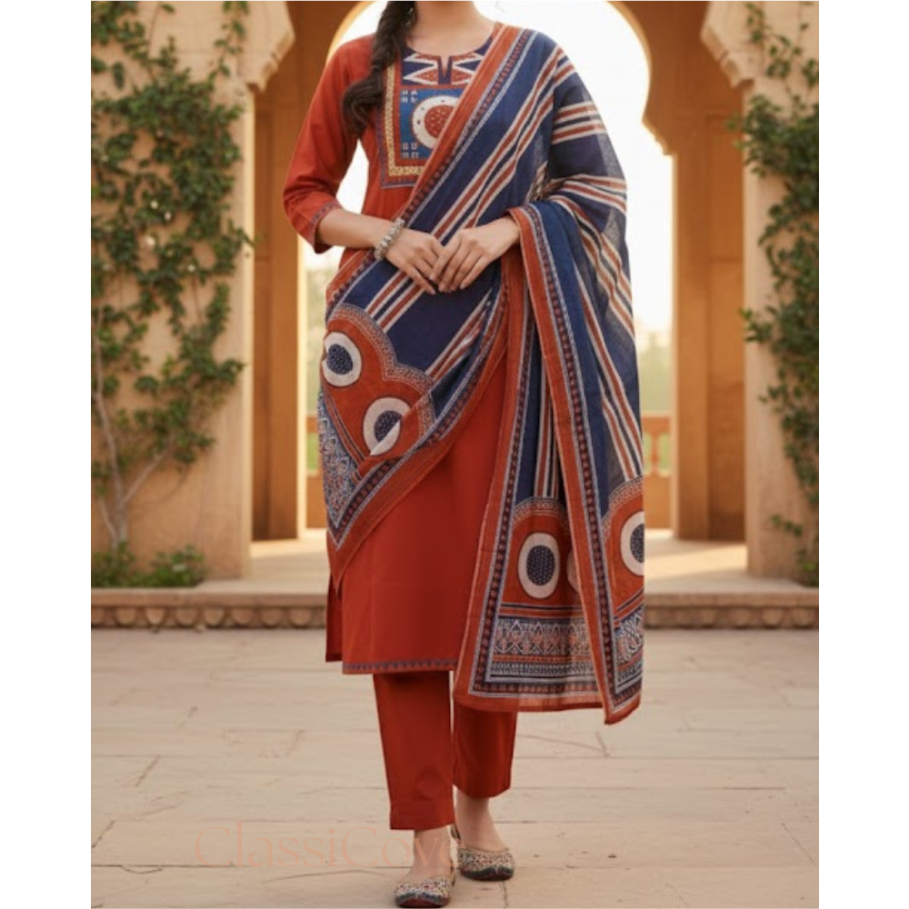 Classicove Rust Orange Cotton Straight Suit with Intricate Handwork & Block Printed Malcotton Dupatta Desi Hands