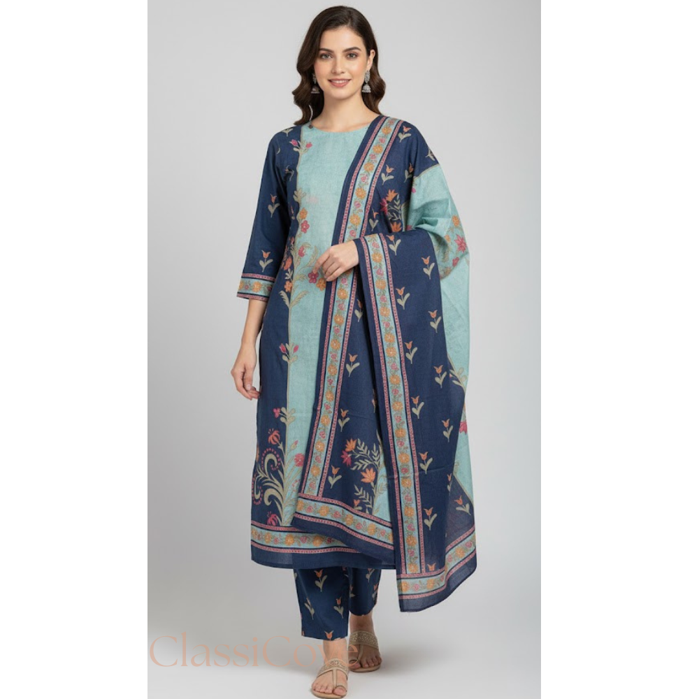 ClassiCove Women Teal Blue & Navy Cotton Printed Kurta Set with Dupatta Desi Hands