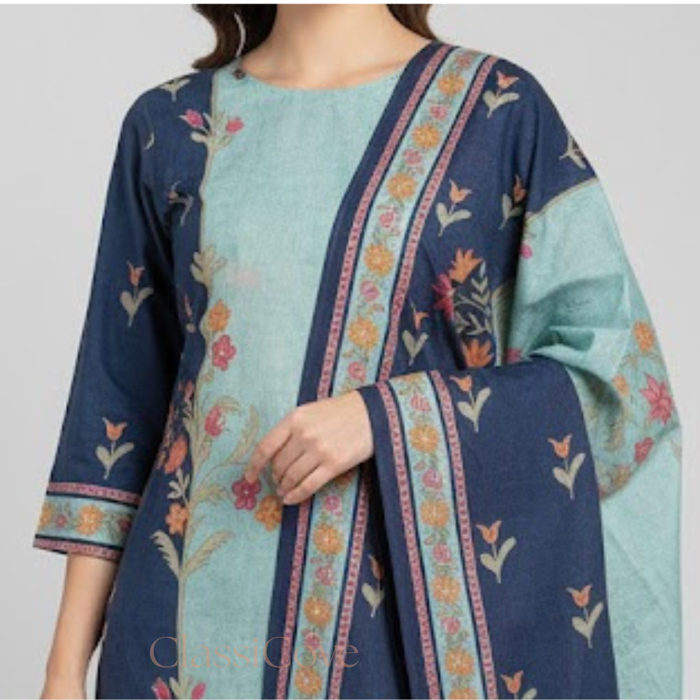 ClassiCove Women Teal Blue & Navy Cotton Printed Kurta Set with Dupatta Desi Hands