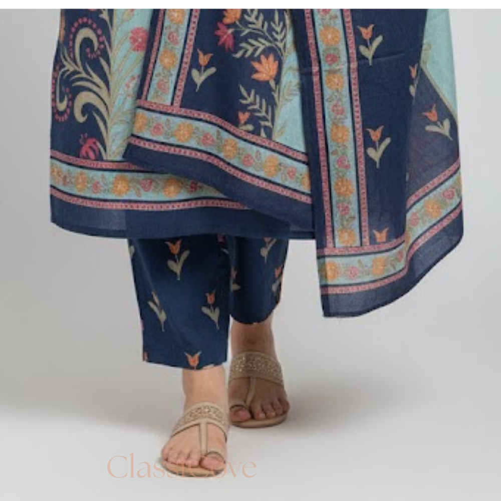 ClassiCove Women Teal Blue & Navy Cotton Printed Kurta Set with Dupatta Desi Hands