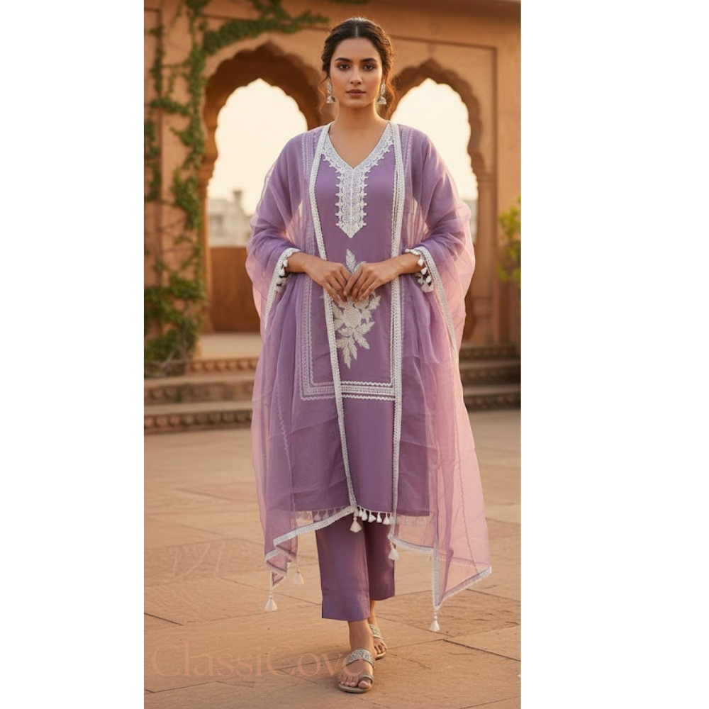 Lavender Roman Silk Suit with Organza Dupatta , Lace Work Done , Pakistani Suit Desi Hands