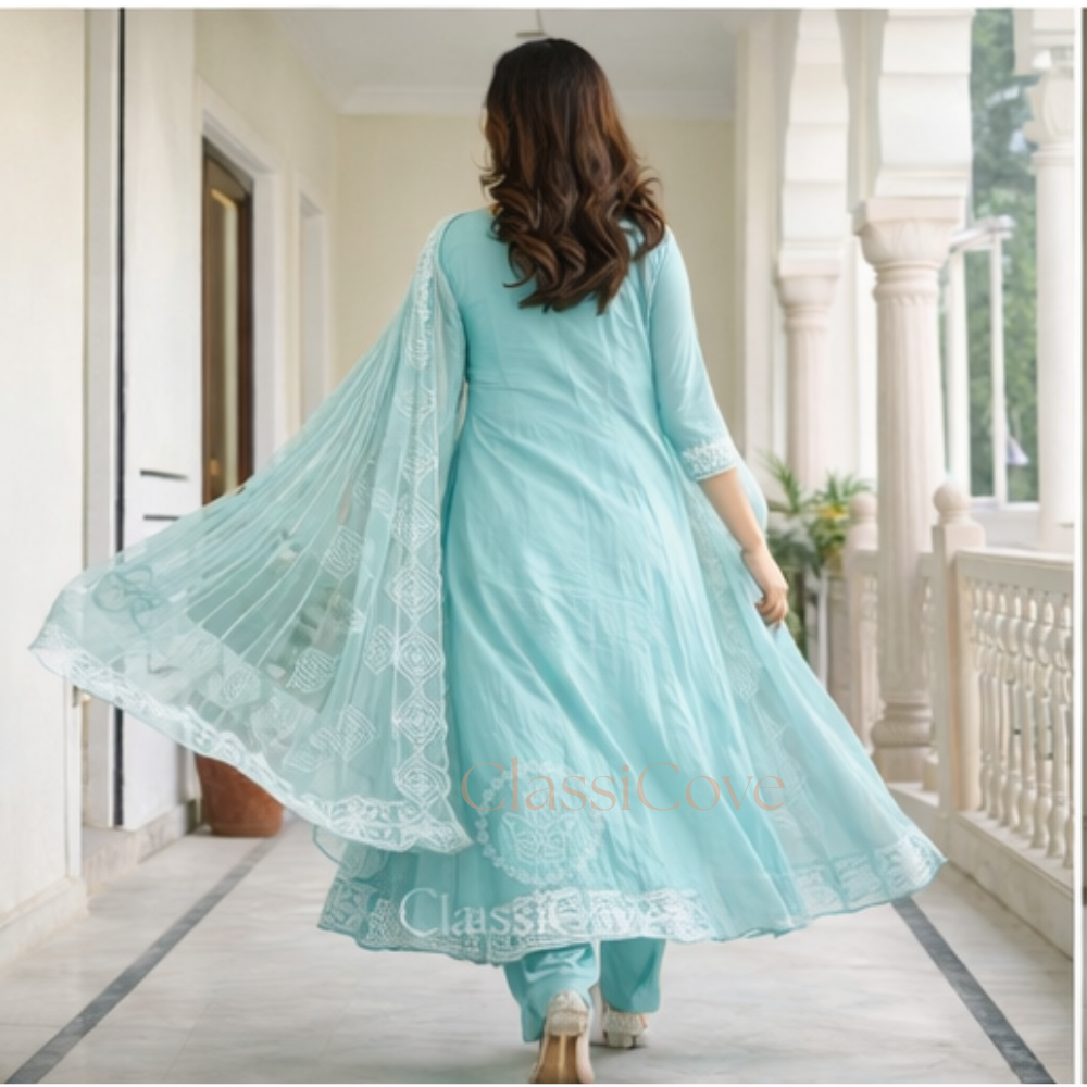ClassiCove Women Seafoam Green Resham Work Anarkali Kurta with Trousers & Cut-Work Organza Dupatta Desi Hands
