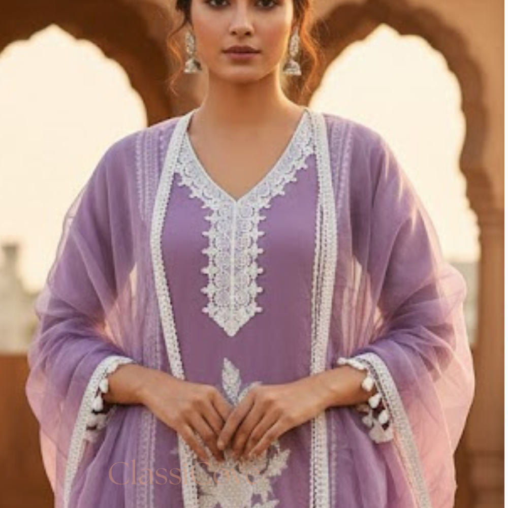 Lavender Roman Silk Suit with Organza Dupatta , Lace Work Done , Pakistani Suit Desi Hands