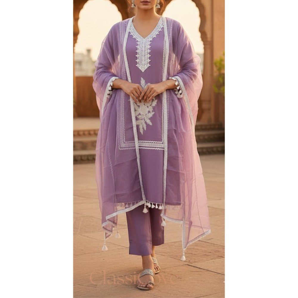 Lavender Roman Silk Suit with Organza Dupatta , Lace Work Done , Pakistani Suit Desi Hands