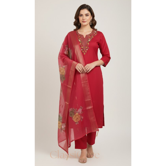 ClassiCove™ Women Garnet Red Roman Silk Handcrafted Knot-Work Kurta Set with Digital Print Silk Dupatt Desi Hands