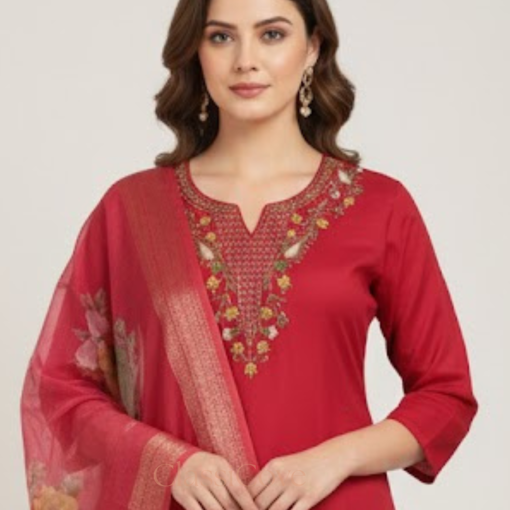 ClassiCove™ Women Garnet Red Roman Silk Handcrafted Knot-Work Kurta Set with Digital Print Silk Dupatt Desi Hands